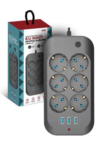 Fulltech Ftr-1'li1'li Kalın Topraklı Anahtarlı Akım Korumalı 6'lı 6 m USB Uzatma Kablolu Priz Siyah