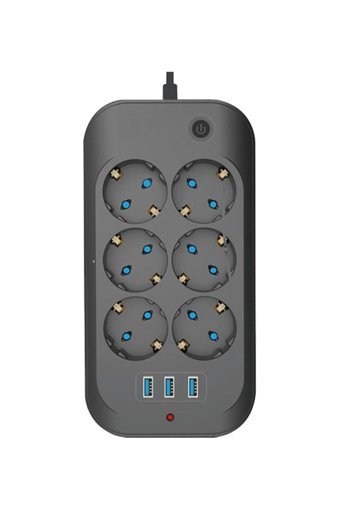 Fulltech Ftr-1'li1'li Kalın Topraklı Anahtarlı Akım Korumalı 6'lı 6 m USB Uzatma Kablolu Priz Siyah