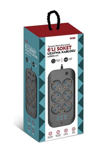 Fulltech Ftr-1'li1'li Kalın Topraklı Anahtarlı Akım Korumalı 6'lı 6 m USB Uzatma Kablolu Priz Siyah