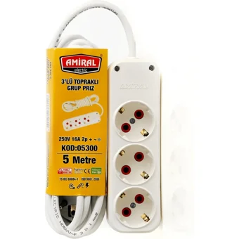 Amiral 250 W Kalın Topraklı Anahtarlı 3'lü 2 m Uzatma Kablolu Priz Beyaz