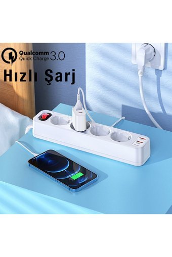 Westus Kalın Topraklı Akım Korumalı 4'lü 8 m USB Uzatma Kablolu Priz Beyaz