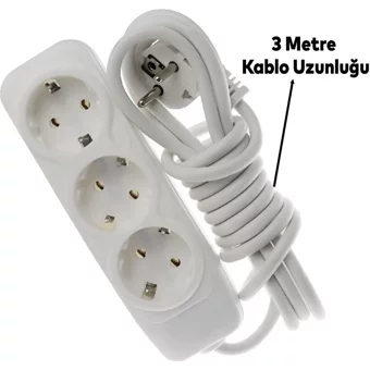 Grup Priz 3500 W Kalın Topraklı 3'lü 3 m Uzatma Kablolu Priz Beyaz