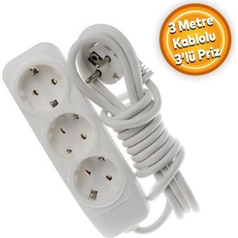 Grup Priz 3500 W Kalın Topraklı 3'lü 3 m Uzatma Kablolu Priz Beyaz