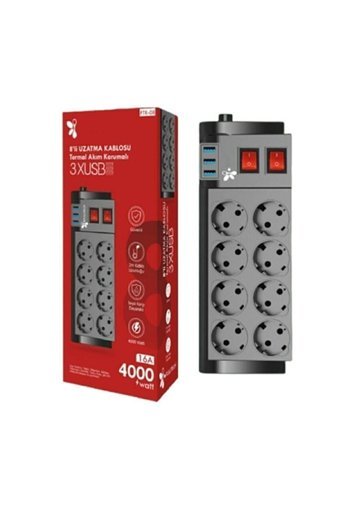 Bst Brandshoppi̇ngtr 4000 W Kalın Topraklı Anahtarlı Akım Korumalı 8'li 2 m USB Uzatma Kablolu Priz Siyah