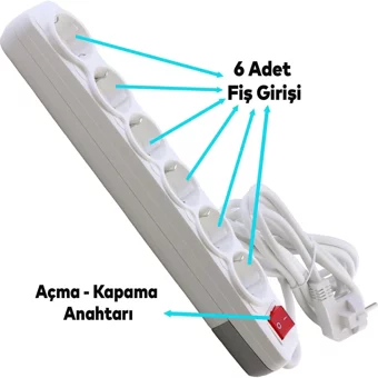 Grup Priz 3500 W Kalın Topraklı Anahtarlı 6'lı 3 m Uzatma Kablolu Priz Beyaz