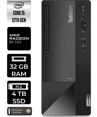 Lenovo Thinkcentre Neo 50T 11SE00BJTXP380 Harici Radeon RX 550 Intel Core i5 12400 32 GB Ram 4 TB SSD Tower Windows 11 Home Masaüstü Bilgisayar + PER4 BELLEK