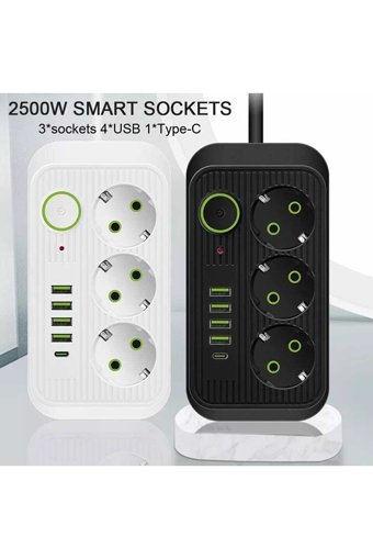 Emirganbilişim 2500 W Kalın Topraklı Anahtarlı Akım Korumalı 3'lü 2 m USB Uzatma Kablolu Priz Beyaz