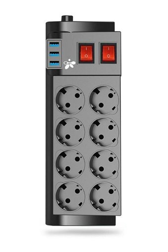 En Si̇ga 4000 W Kalın Topraklı Anahtarlı Akım Korumalı 8'li 2 m USB Uzatma Kablolu Priz Siyah