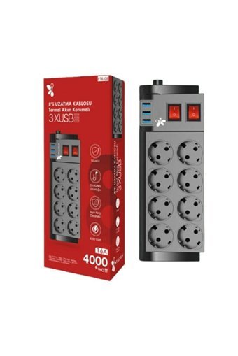 En Si̇ga 4000 W Kalın Topraklı Anahtarlı Akım Korumalı 8'li 2 m USB Uzatma Kablolu Priz Siyah