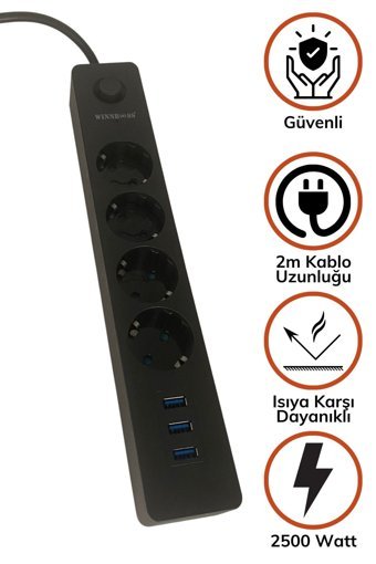 Buffer Kalın Topraklı Anahtarlı Akım Korumalı 4'lü 2 m USB Uzatma Kablolu Priz Beyaz