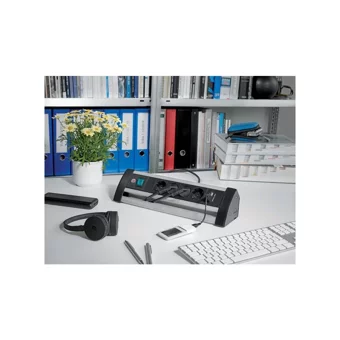 Brennenstuhl Alu Office Line Kalın Topraklı Anahtarlı 4'lü 8 m USB Uzatma Kablolu Priz Siyah