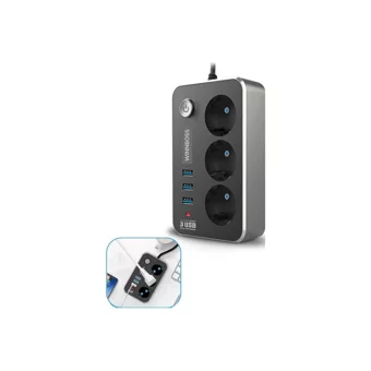 Wınnboss 2500 W Kalın Topraklı Anahtarlı Akım Korumalı 3'lü 2 m USB Uzatma Kablolu Priz Siyah