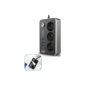 Wınnboss 2500 W Kalın Topraklı Anahtarlı Akım Korumalı 3'lü 2 m USB Uzatma Kablolu Priz Siyah