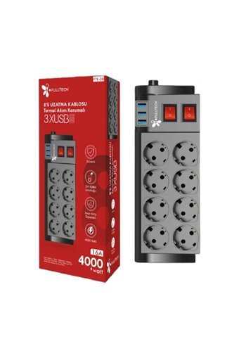 Fulltech Ftr-08 4000 W Kalın Topraklı Anahtarlı Akım Korumalı 8'li 2 m USB Uzatma Kablolu Priz Siyah
