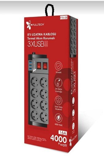 Fulltech Ftr-08 4000 W Kalın Topraklı Anahtarlı Akım Korumalı 8'li 2 m USB Uzatma Kablolu Priz Siyah