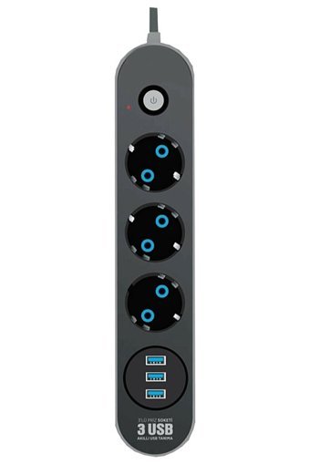 Deco Elit Kalın Topraklı Anahtarlı Akım Korumalı 3'lü 2 m USB Uzatma Kablolu Priz Siyah