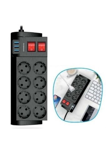 Arc 4000 W Kalın Topraklı Anahtarlı Akım Korumalı 8'li 2 m USB Uzatma Kablolu Priz Siyah