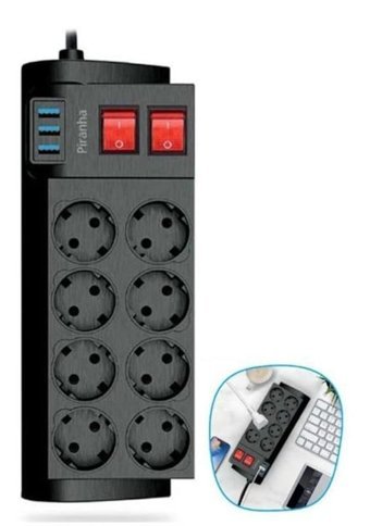 Arc 4000 W Kalın Topraklı Anahtarlı Akım Korumalı 8'li 2 m USB Uzatma Kablolu Priz Siyah