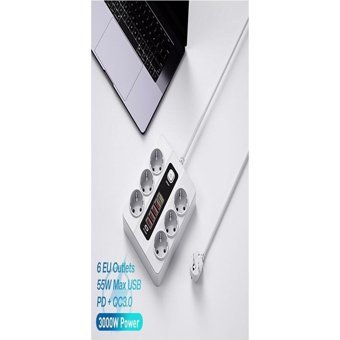 T G 3000 W İnce Topraklı Anahtarlı Akım Korumalı 6'lı 2 m USB Uzatma Kablolu Priz Beyaz