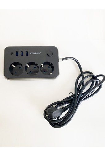WINNBOSS 2500 W İnce Topraklı Anahtarlı Akım Korumalı 3'lü 2 m USB Uzatma Kablolu Priz Siyah