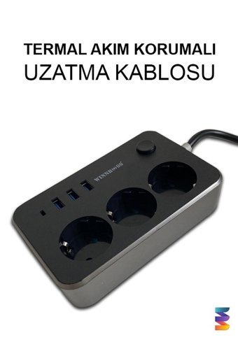 WINNBOSS 2500 W İnce Topraklı Anahtarlı Akım Korumalı 3'lü 2 m USB Uzatma Kablolu Priz Siyah