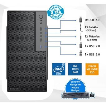 Suncom Force SC3-110 Harici GeForce RTX 3060 Ti Intel Core i5 4460 8 GB Ram 256 GB SSD Tower FreeDos Masaüstü Bilgisayar