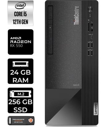 Lenovo Thinkcentre Neo 50T 11SE00BJTXP371 Harici Radeon RX 550 Intel Core i5 12400 24 GB Ram 256 GB SSD Tower Windows 11 Home Masaüstü Bilgisayar + PER4 BELLEK