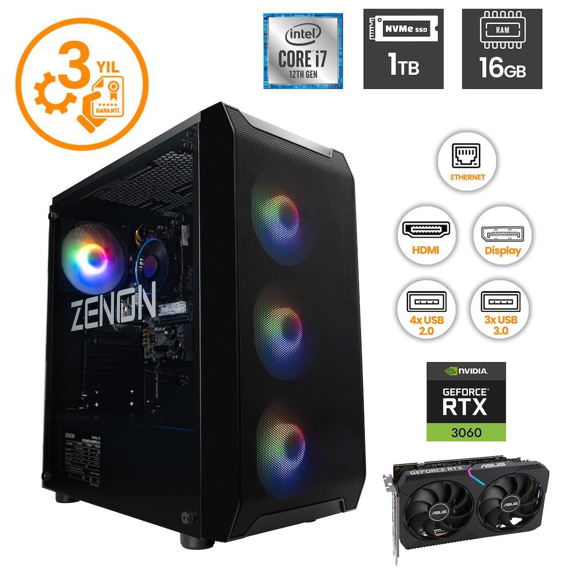 Zenon ZENON RAKS TR103 Harici GeForce RTX 3060 Intel Core i7 12700F 16 GB Ram 1 TB SSD Tower FreeDos Masaüstü Bilgisayar