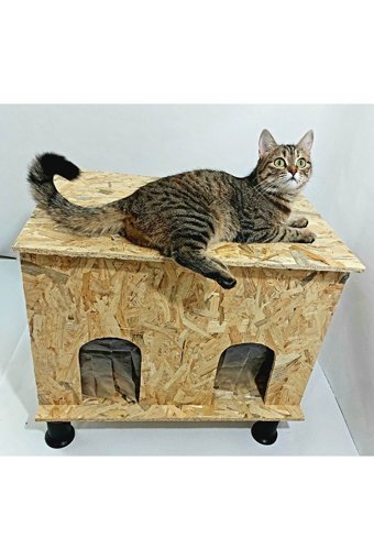 Kumsshop İkili Dikdörtgen Su Geçirmez Dış Mekan Kedi Evi Ahşap Rengi