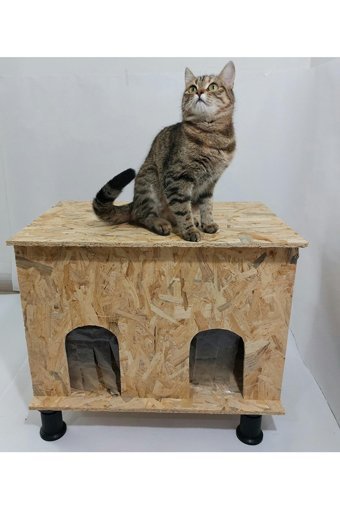 Kumsshop İkili Dikdörtgen Su Geçirmez Dış Mekan Kedi Evi Ahşap Rengi