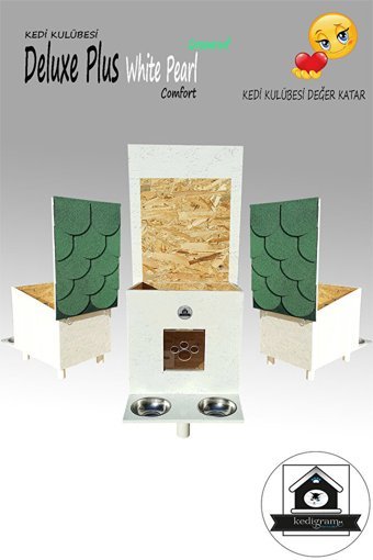 Deluxe White Pearl Greenroof Dikdörtgen Su Geçirmez Dış Mekan Kedi Evi Beyaz-Yeşil