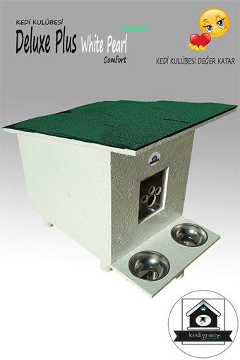 Deluxe White Pearl Greenroof Dikdörtgen Su Geçirmez Dış Mekan Kedi Evi Beyaz-Yeşil
