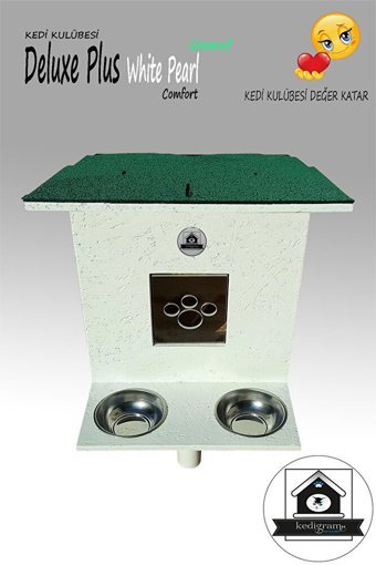 Deluxe White Pearl Greenroof Dikdörtgen Su Geçirmez Dış Mekan Kedi Evi Beyaz-Yeşil