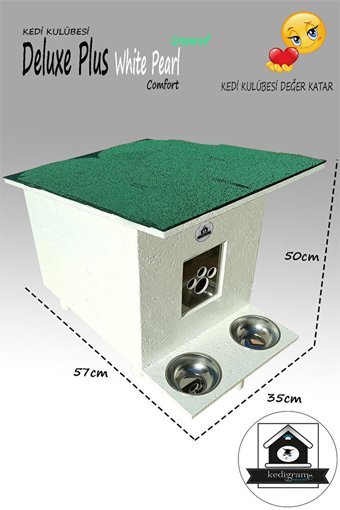 Deluxe White Pearl Greenroof Dikdörtgen Su Geçirmez Dış Mekan Kedi Evi Beyaz-Yeşil