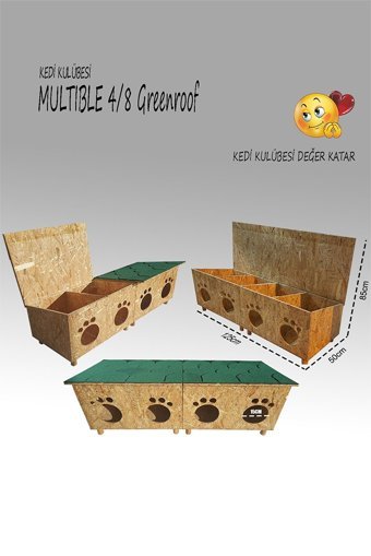 Kedigram Multible Greenroof 4/8 Dikdörtgen Su Geçirmez Dış Mekan Kedi Evi Ahşap Rengi