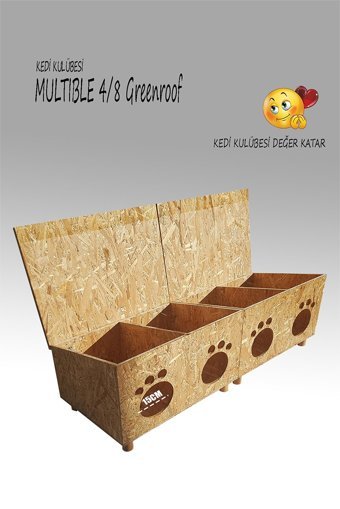 Kedigram Multible Greenroof 4/8 Dikdörtgen Su Geçirmez Dış Mekan Kedi Evi Ahşap Rengi