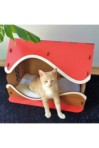 Btf Portatif Dikdörtgen İç Mekan Kedi Evi Ahşap Rengi-Kırmızı
