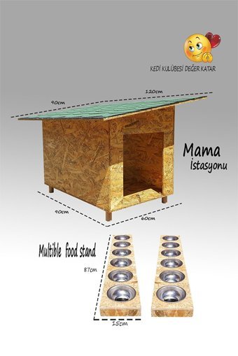 Kedigram Çoklu Mama Kabı Dikdörtgen Su Geçirmez Dış Mekan Kedi Evi Ahşap Rengi