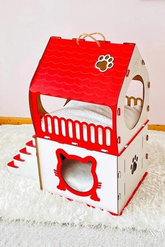 Digitus Dikdörtgen 2 Katlı Dış Mekan Kedi Evi Beyaz-Kırmızı