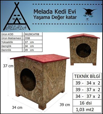Melada 39x37x34 cm Dikdörtgen Su Geçirmez Dış Mekan Kedi Evi Ahşap Rengi