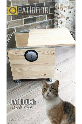 Patidoor Kare Su Geçirmez Dış Mekan-İç Mekan Kedi Evi Ahşap Rengi