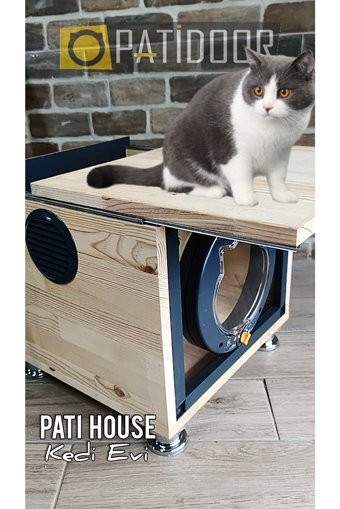 Patidoor Kare Su Geçirmez Dış Mekan-İç Mekan Kedi Evi Ahşap Rengi