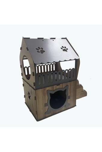 Nursoft Teraslı Dikdörtgen 2 Katlı Dış Mekan-İç Mekan Kedi Evi Ahşap Rengi-Gri