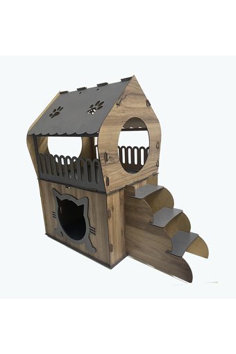 Nursoft Teraslı Dikdörtgen 2 Katlı Dış Mekan-İç Mekan Kedi Evi Ahşap Rengi-Gri