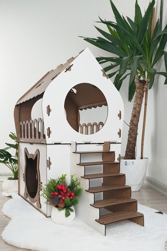 Ahşap Sarayı Kare 2 Katlı İç Mekan Kedi Evi Beyaz-Kahverengi