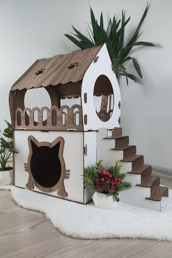 Ahşap Sarayı Kare 2 Katlı İç Mekan Kedi Evi Beyaz-Kahverengi