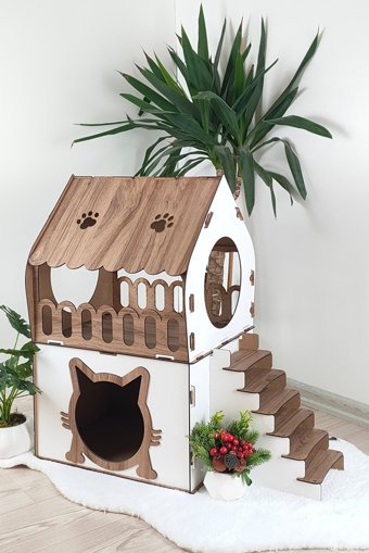 Ahşap Sarayı Kare 2 Katlı İç Mekan Kedi Evi Beyaz-Kahverengi