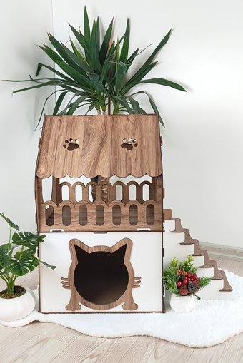 Ahşap Sarayı Kare 2 Katlı İç Mekan Kedi Evi Beyaz-Kahverengi