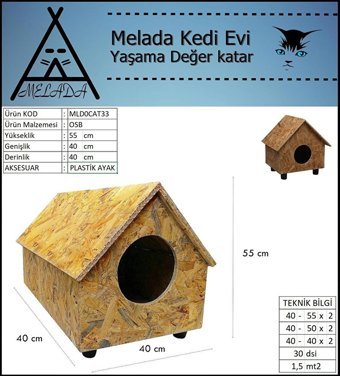 Melada 55x40x40 cm Dikdörtgen Su Geçirmez Dış Mekan Kedi Evi Ahşap Rengi