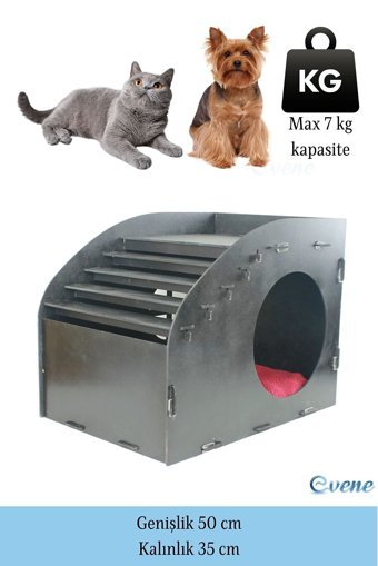 Evene Merdivenli Oval Dikdörtgen İç Mekan Kedi Evi Gri